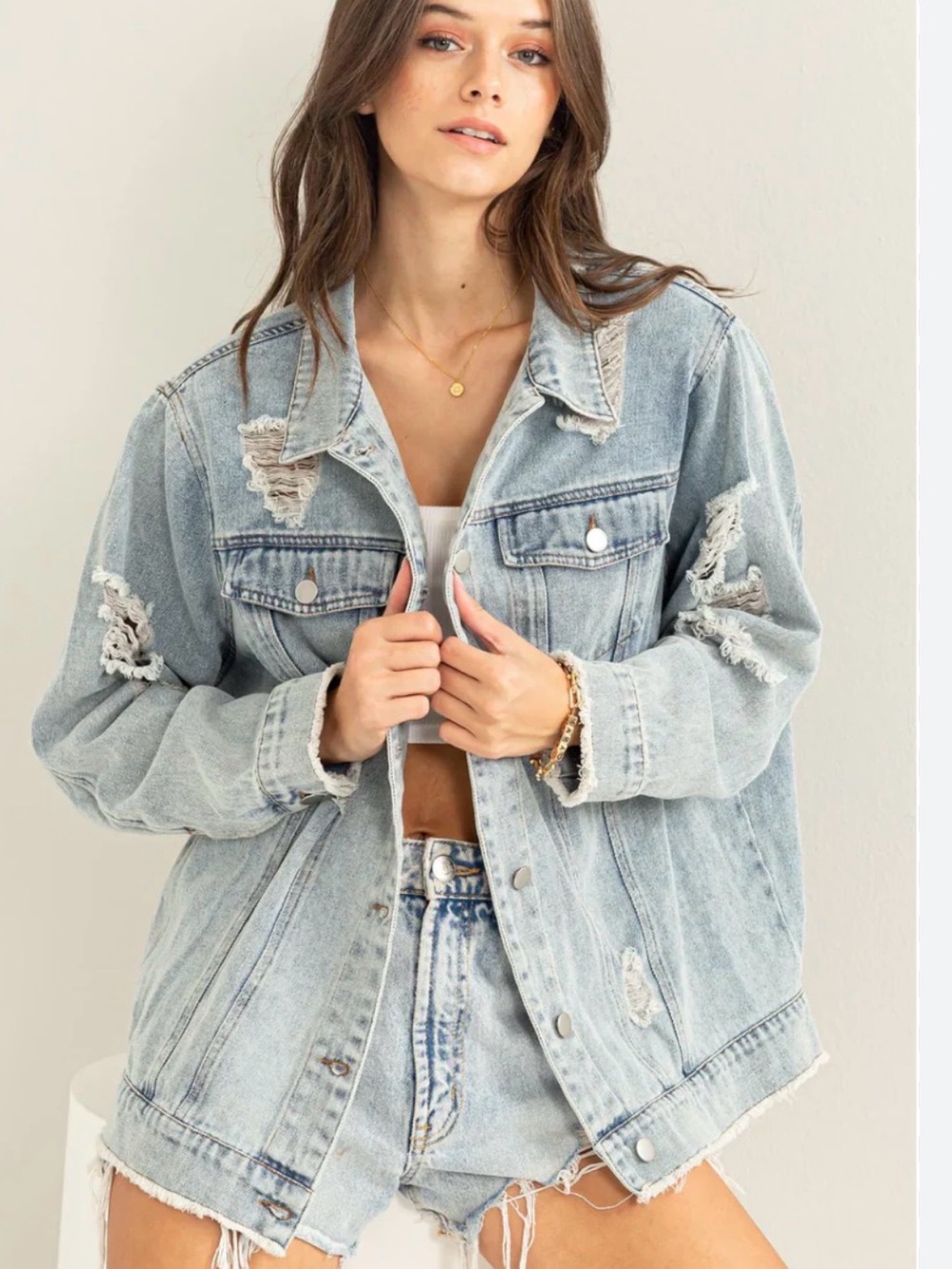 0014 Light Wash Distressed Denim Jacket - Women's Oversized Jean Coat - Picture 1 of 4